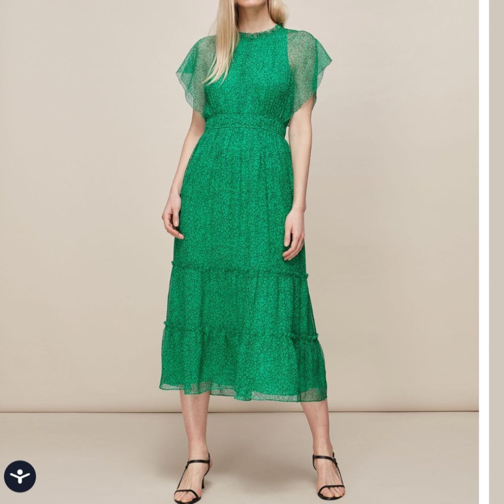 WHISTLES Green Midi Sketched Floral Frill Dress Chiffon US 2 Small RRP $339